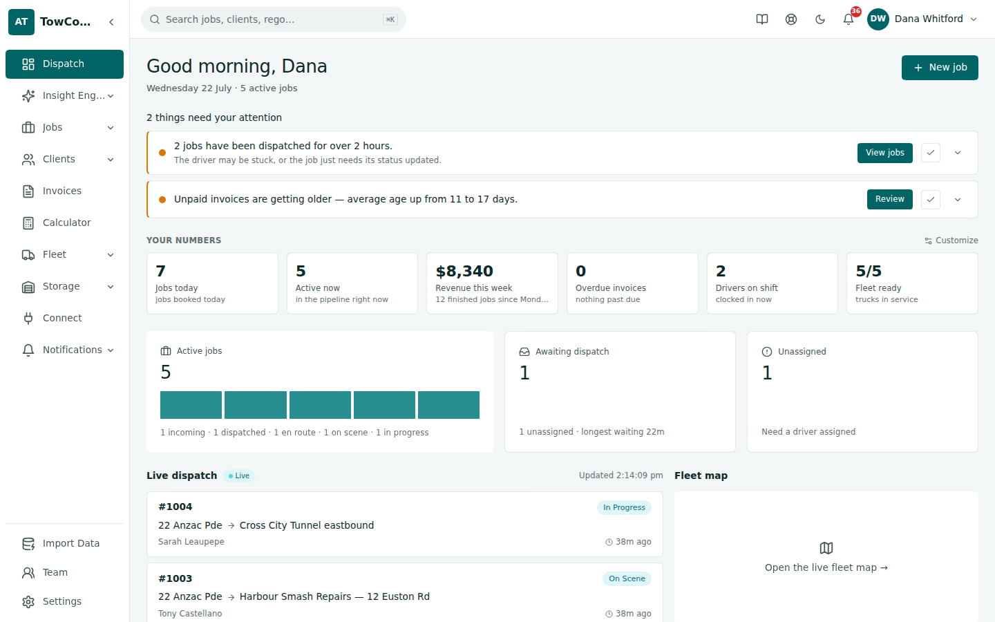 The TowConnect dispatch board with live jobs and fleet status