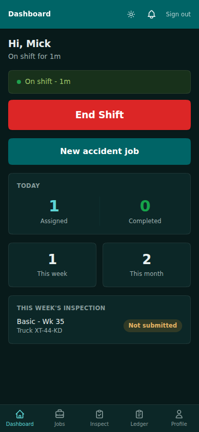 The TowConnect driver app on a phone: today's jobs and the shift clock