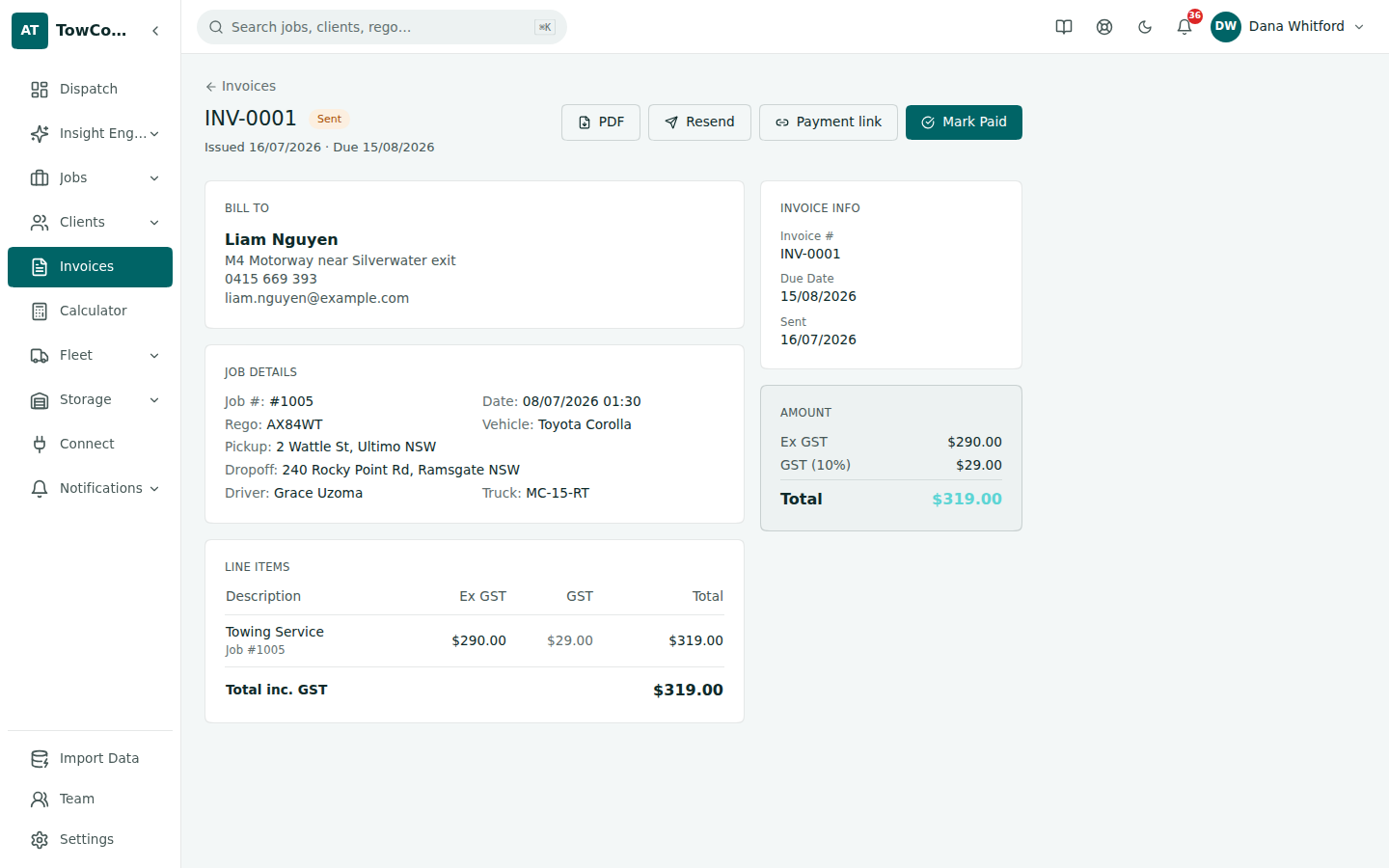 A TowConnect tax invoice with its payment link and statement actions