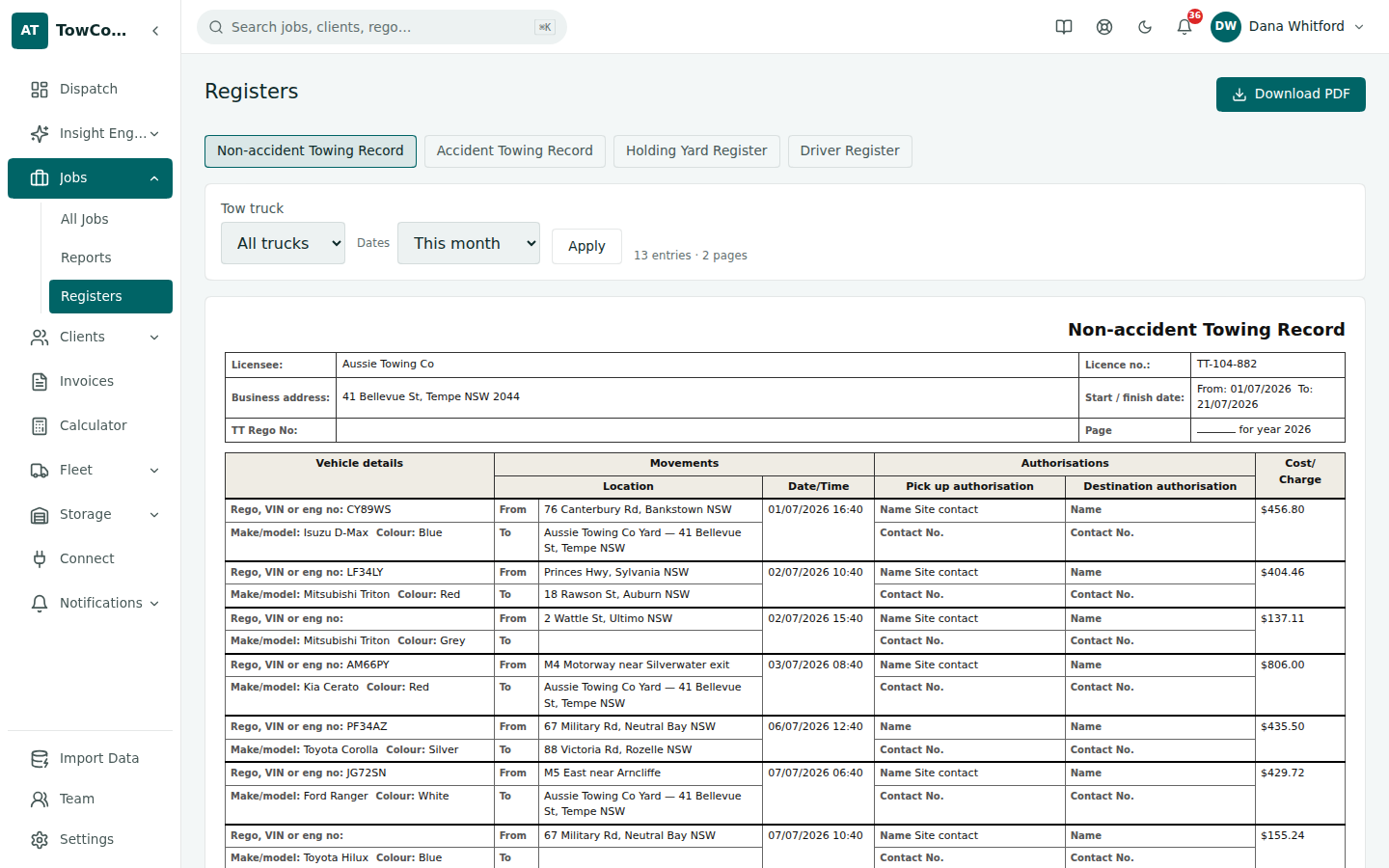 A statutory towing register page generated by TowConnect from real jobs